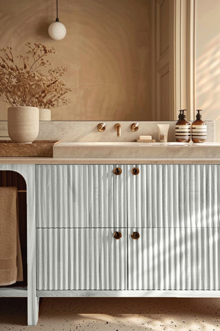 Modern bathroom vanity finished with Vanilla Fog premium wood stain