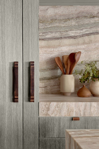 Kitchen cabinets stained with Opal Linen premium non-toxic Zero VOC wood stain