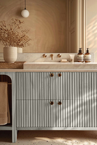 Bathroom vanity stained with Opal Linen premium non-toxic Zero VOC wood stain