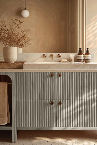 Bathroom vanity stained with Sandy Dunes premium non-toxic Zero VOC wood stain