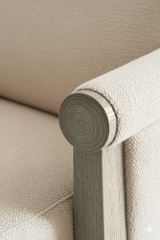 Close-up of Sandy Dunes premium wood stain on a wooden chair frame