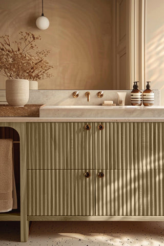 Bathroom vanity stained with Smokey Beech premium non-toxic Zero VOC wood stain