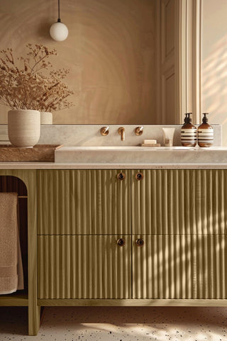 Bathroom vanity stained with Whipped Honey premium non-toxic Zero VOC wood stain