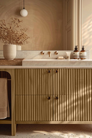 Bathroom vanity stained with Amber Drift non-toxic Zero VOC wood stain