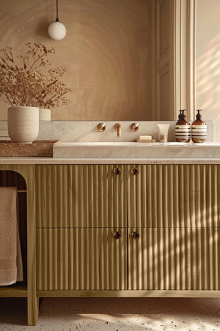 Bathroom vanity stained with Timber Tone premium non-toxic Zero VOC wood stain