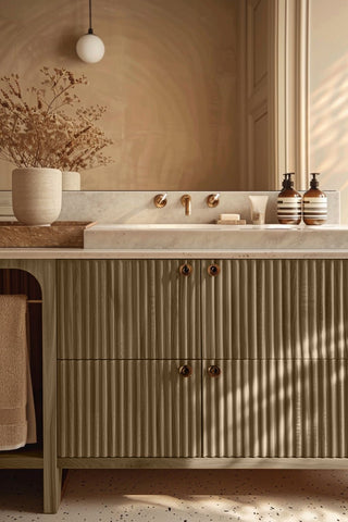 Bathroom vanity stained with Sable Truffle premium non-toxic Zero VOC wood stain