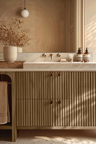 Bathroom vanity stained with Leathered Wood premium non-toxic Zero VOC wood stain