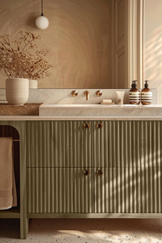 Bathroom vanity stained with Misty Timber premium non-toxic Zero VOC wood stain