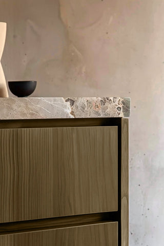 Close-up of Sandy Dunes premium wood stain on a fluted bathroom vanity