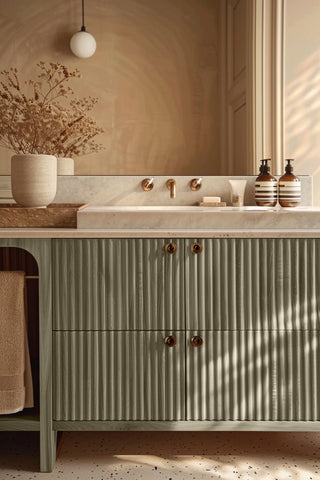 Bathroom vanity stained with Cinder Fawn premium non-toxic Zero VOC wood stain