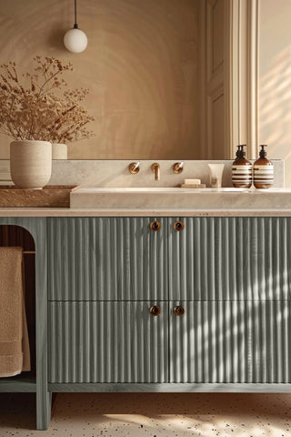 Bathroom vanity stained with Morning Mist premium non-toxic Zero VOC wood stain