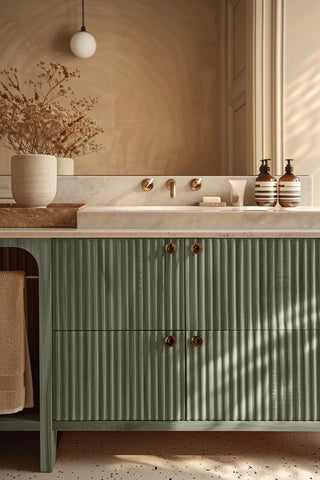 Bathroom vanity stained with Opulent Taupe premium non-toxic Zero VOC wood stain