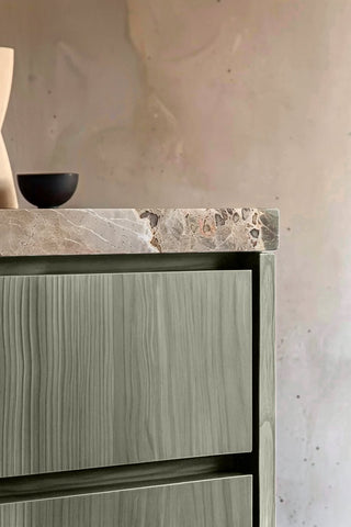 Close-up of Opulent Taupe premium wood stain on a fluted bathroom vanity
