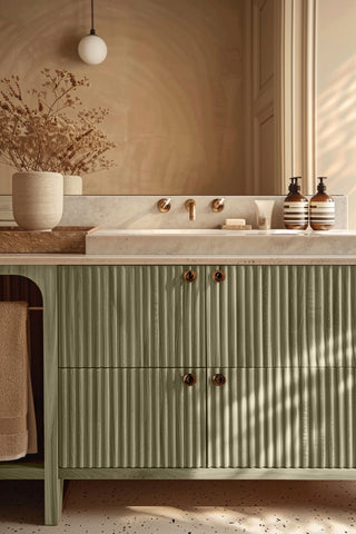 Bathroom vanity stained with Clouded Pine premium non-toxic Zero VOC wood stain