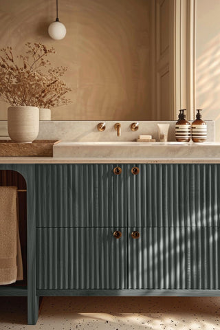 Bathroom vanity stained with Pebbled Grey premium non-toxic Zero VOC wood stain
