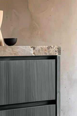 Close-up of Pebbled Grey premium wood stain on a fluted bathroom vanity