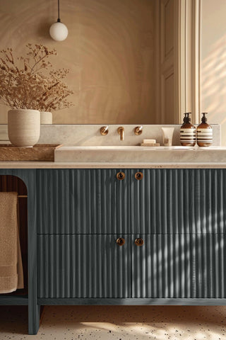 Bathroom vanity stained with Soft Charcoal premium non-toxic Zero VOC wood stain