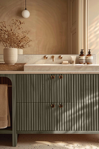 Bathroom vanity stained with Plush Truffle premium non-toxic Zero VOC wood stain