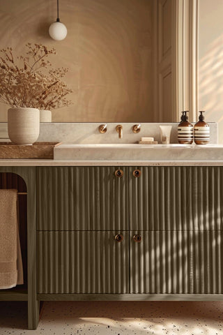 Bathroom vanity stained with Saddle Brown premium non-toxic Zero VOC wood stain