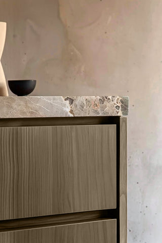 Close-up of Saddle Brown premium wood stain on a fluted bathroom vanity