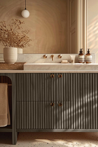 Bathroom vanity stained with Dark Whiskey premium non-toxic Zero VOC wood stain