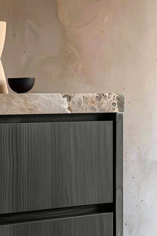 Close-up of 444 premium wood stain on a fluted bathroom vanity